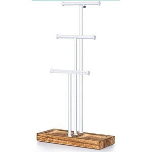Jewelry Stand White Metal & Wood Base Organizer For Necklaces Bracelets Earrings